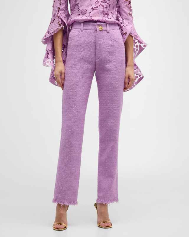 Cotton Tweed Slim-Leg Fringe Ankle Pants